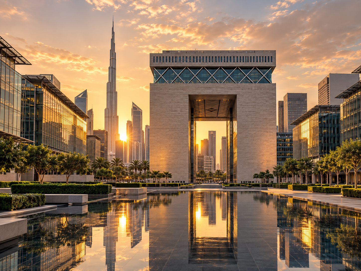 DIFC Gate and Dubai skyline at sunset