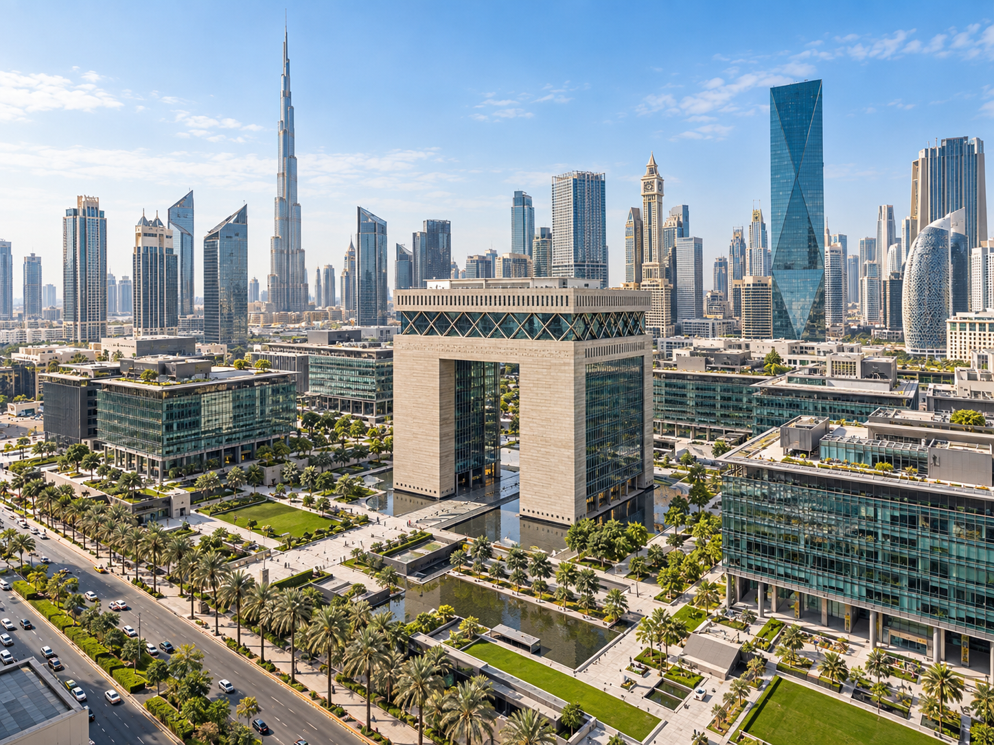Aerial view of DIFC and central Dubai