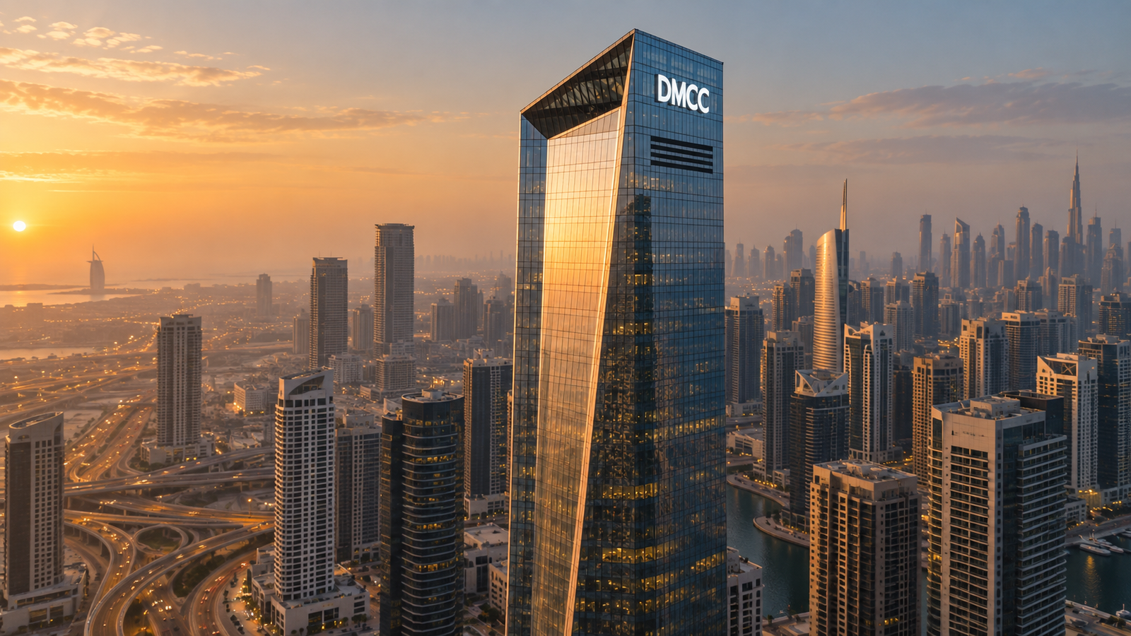 DMCC business district in Dubai at sunset