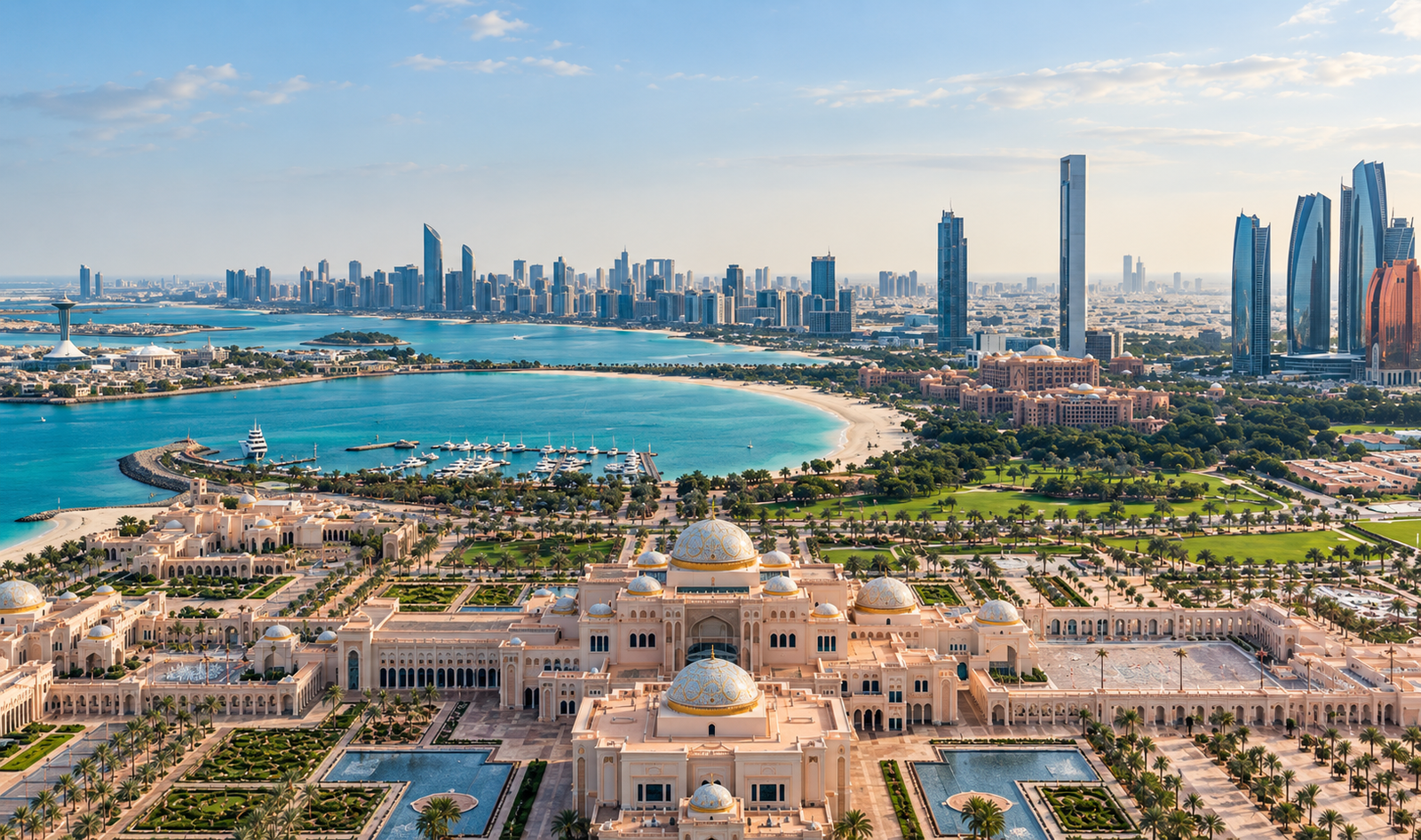 Aerial view of Abu Dhabi coastline and business district