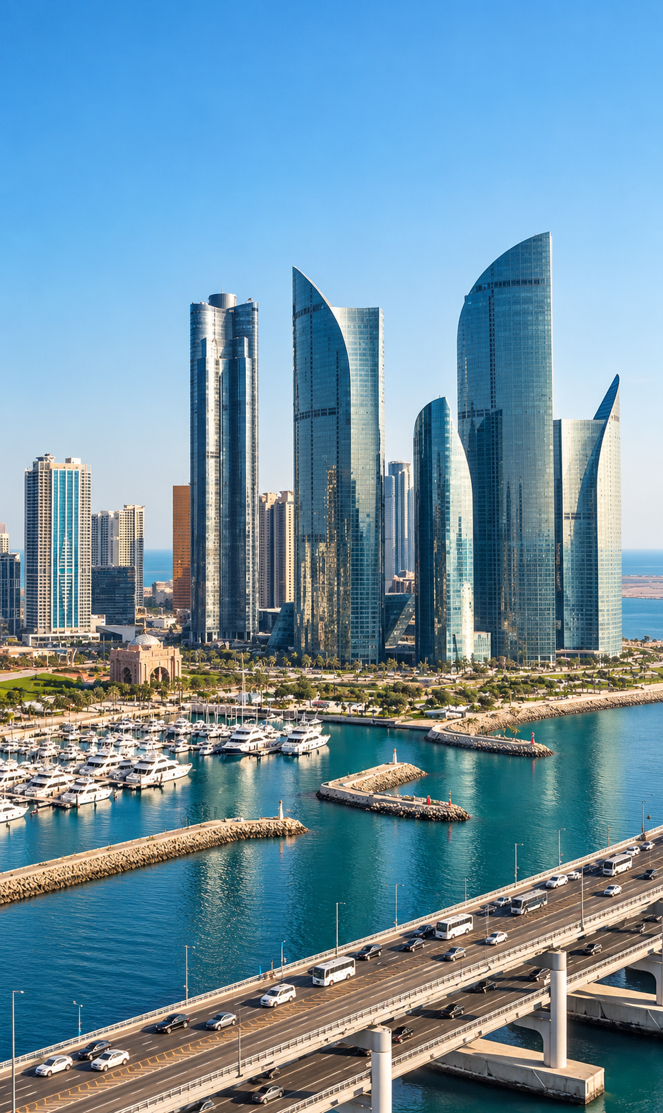 Abu Dhabi towers, marina and road network