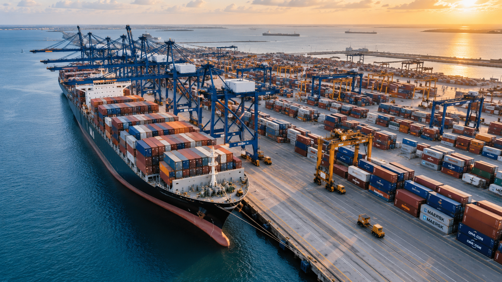 Global import and export operations at an international container port