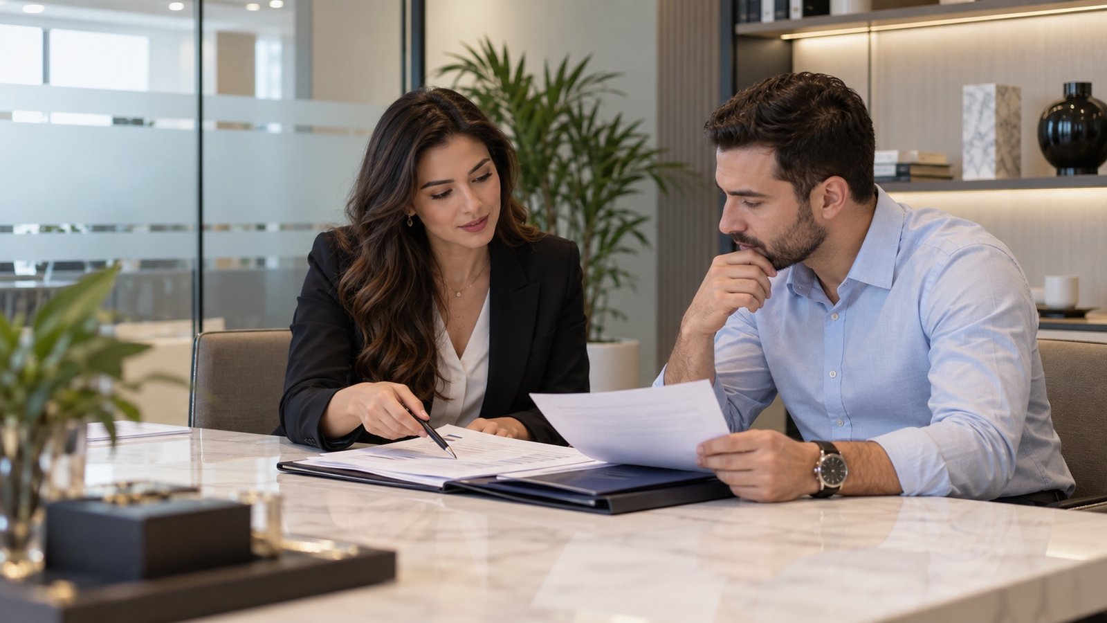 NEXO adviser helping a client review government and business paperwork