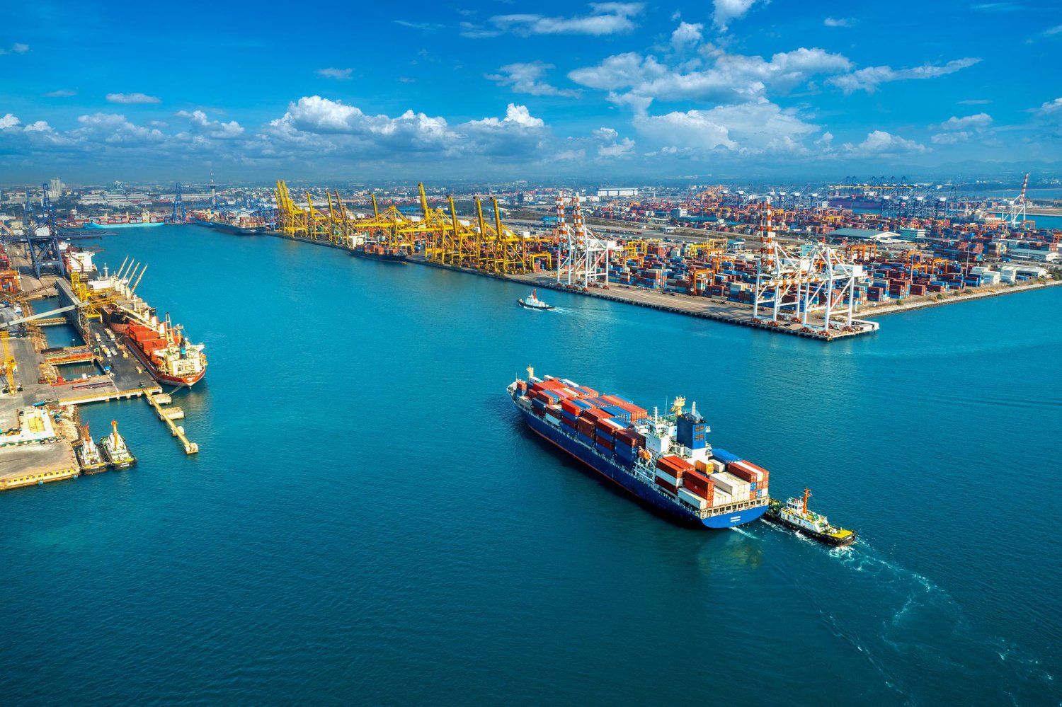 Commercial port and container ship in the UAE