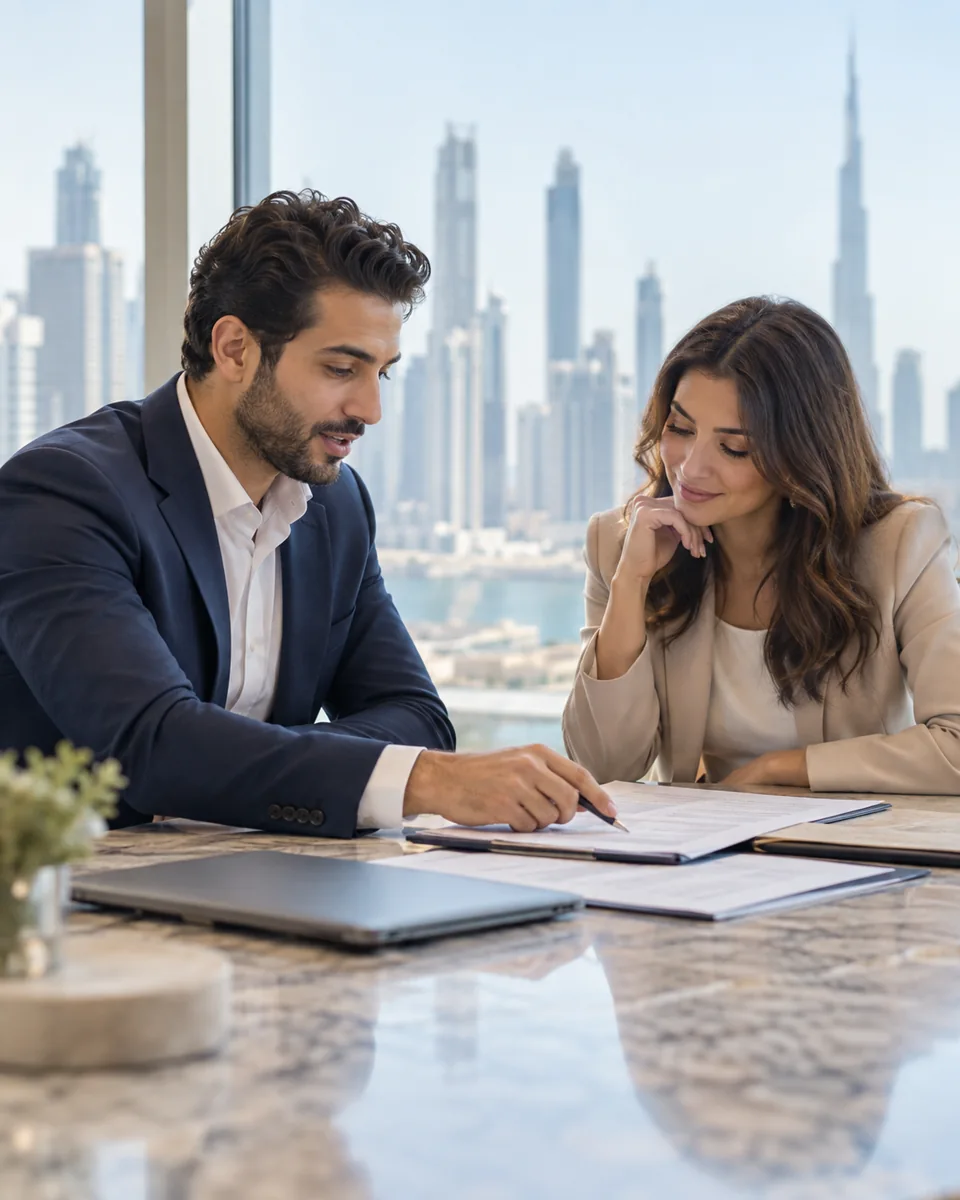 Business advisor and founder reviewing documents in a Dubai office